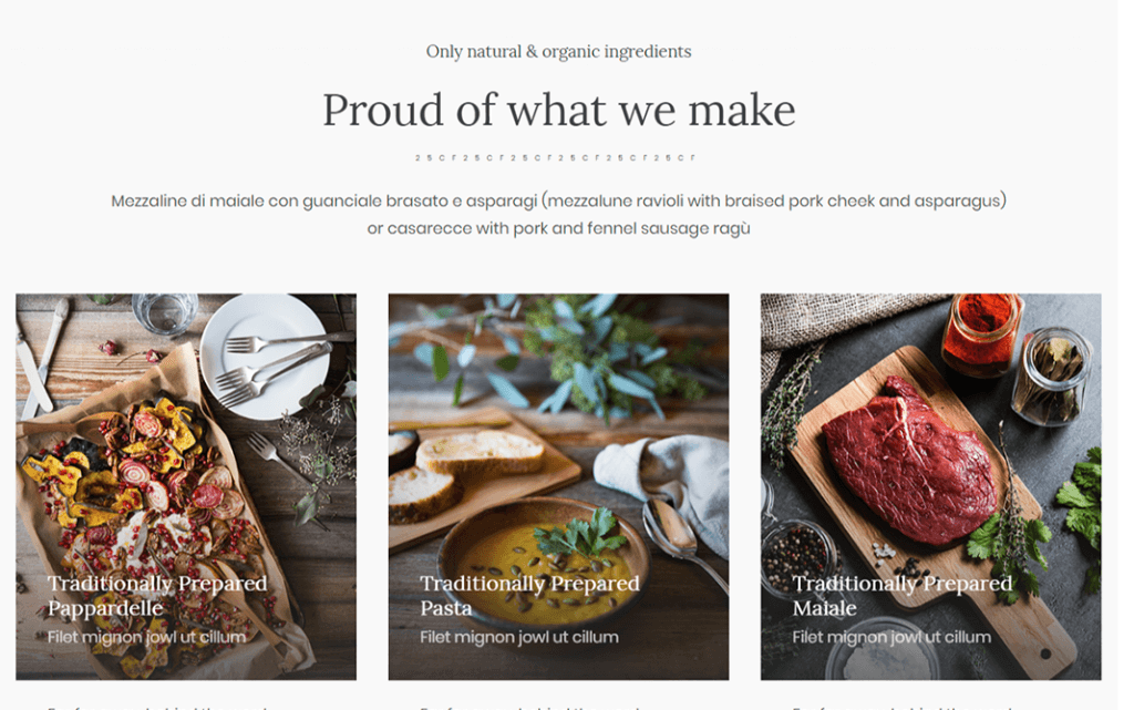 Slice of the webpage made for Italian Restaurant