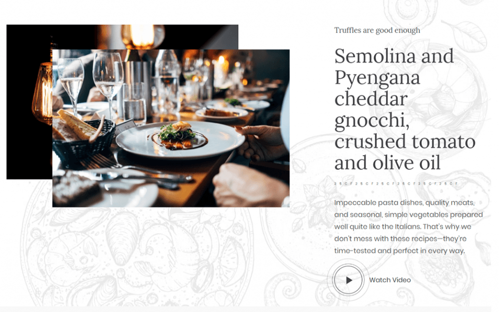 Slice of the webpage made for Italian Restaurant